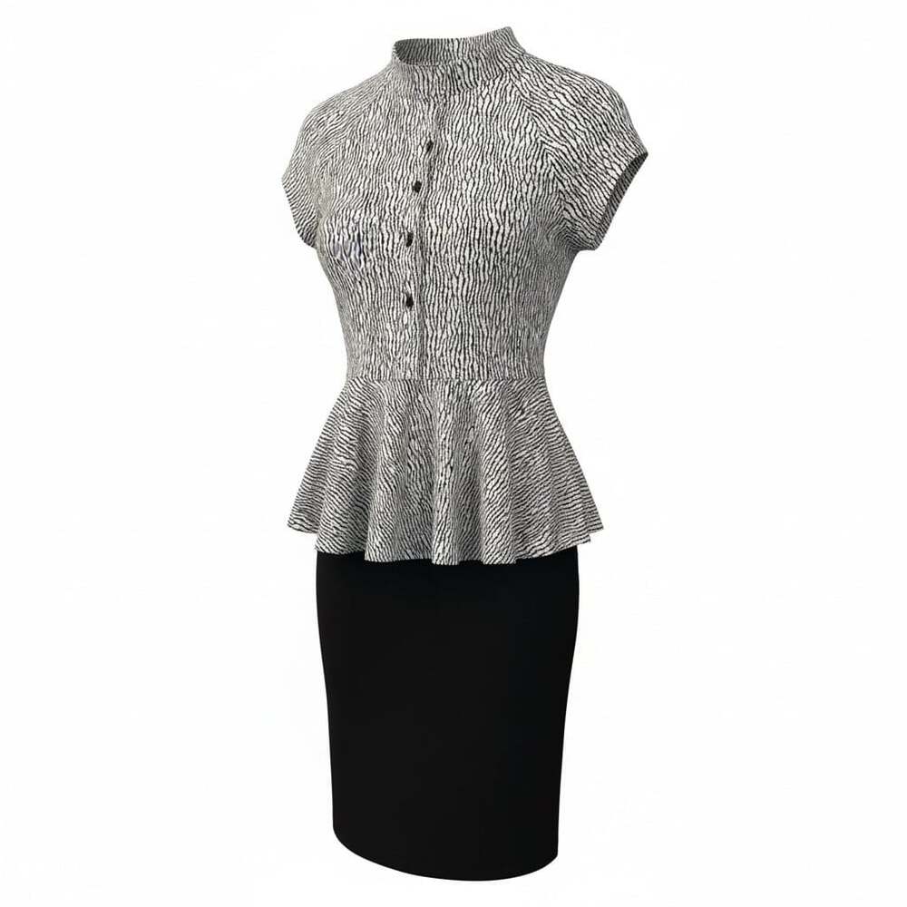 Women's Peplum Mock Neck Pencil Dress - Black and White Professional Sheath